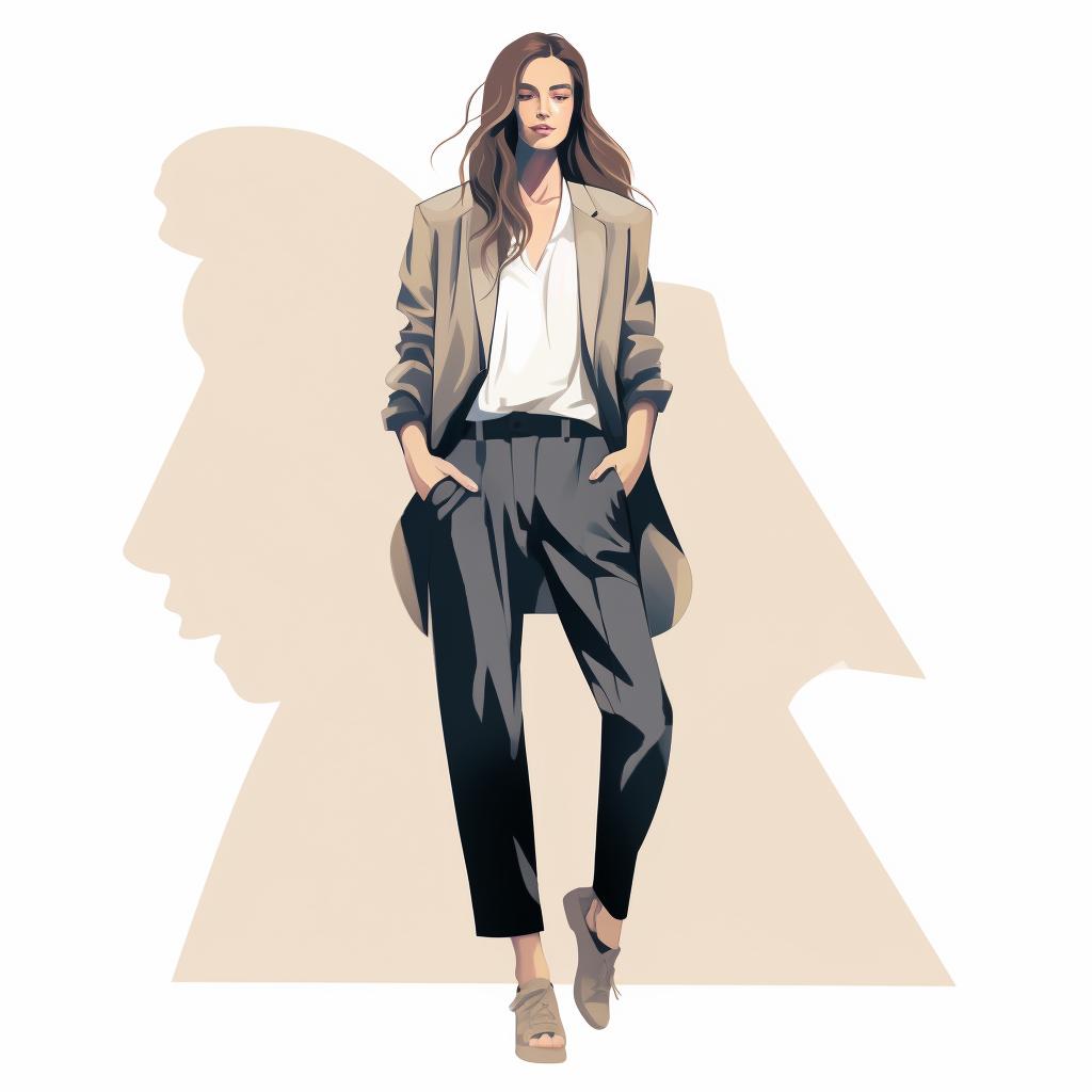 A graphic tee layered under a sleek blazer, paired with tailored trousers.